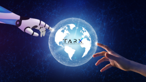 No centro o planeta terra, com uma mão de robô e uma mão humana tentando se conectar. ERP com Inteligência Artificial